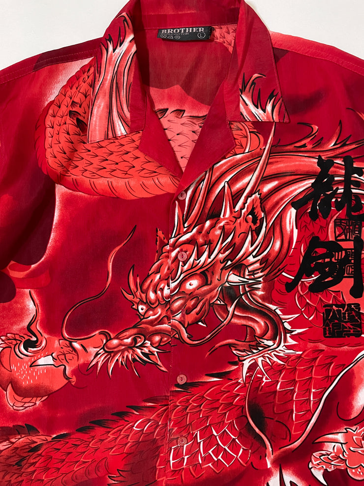 Japanese Red Dragon Print Shirt (L)